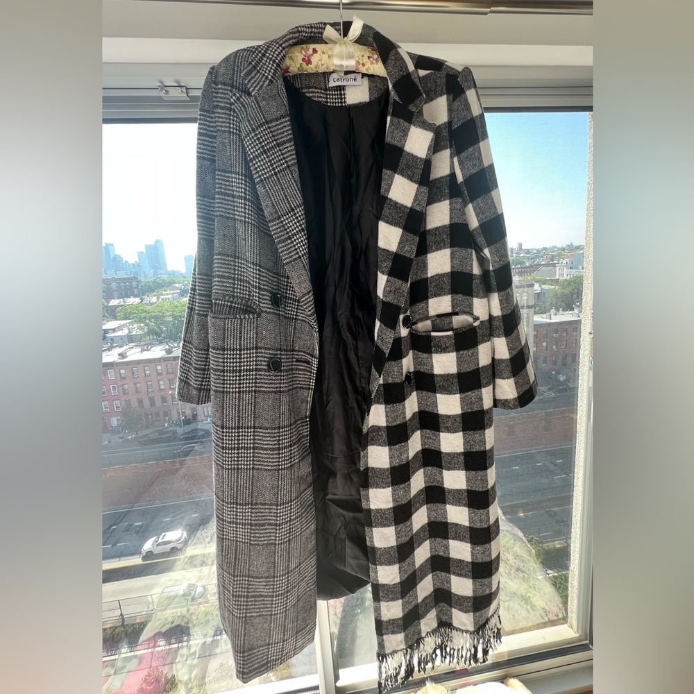 Steve Madden Black and White Plaid and Checkered “Catroné” Overcoat, OS